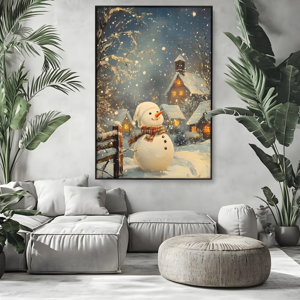 Tablou canvas cu tablou canvas cu om de zapada, in rama de aluminiu negru, pe perete intr-un living